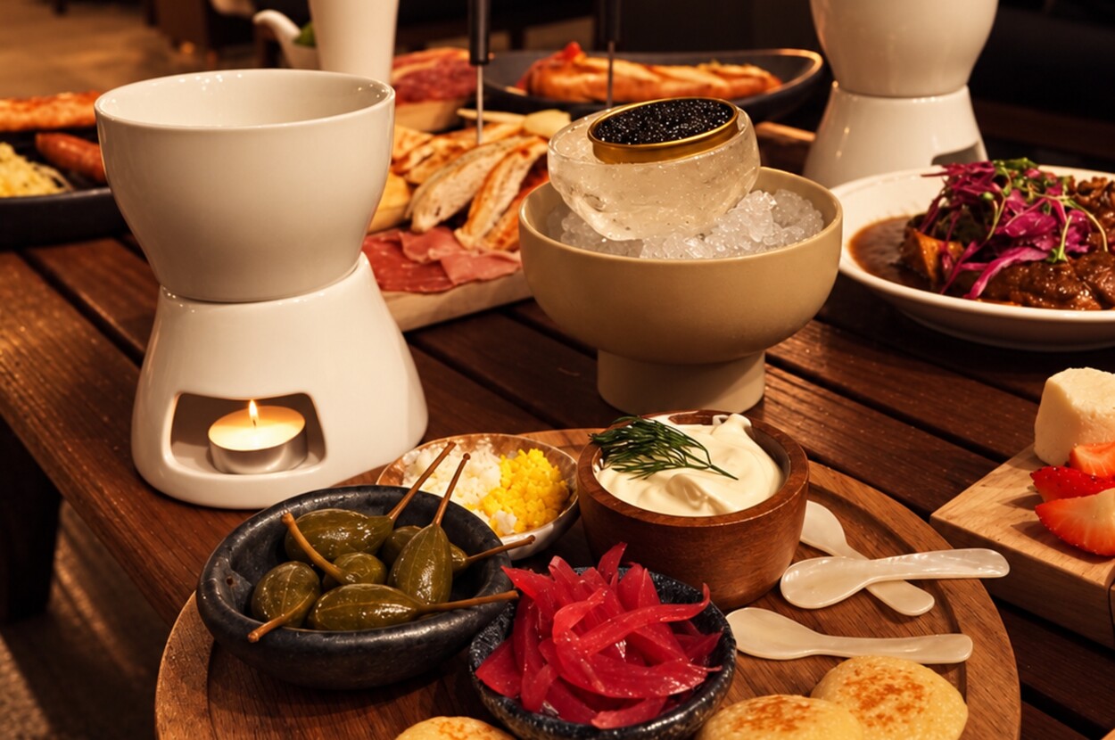 Caviar service with fondue and charcuterie