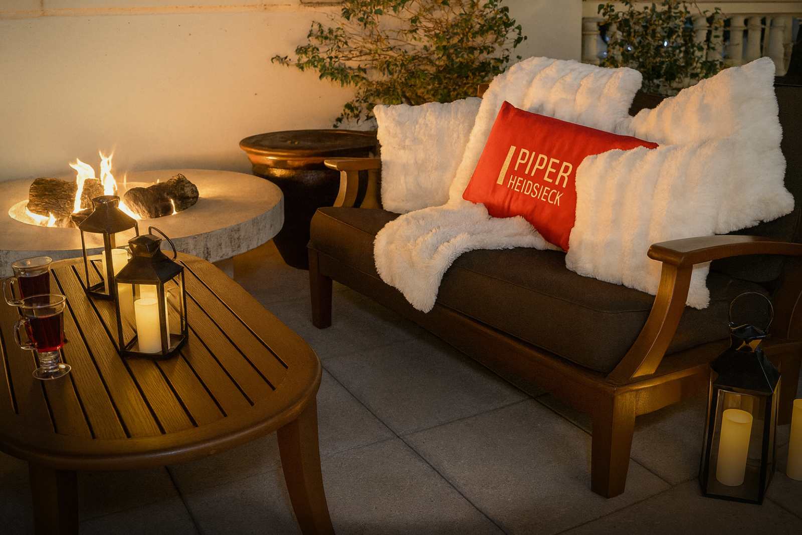 Fire pit seating with lanterns and a Piper-Heidsieck pillow